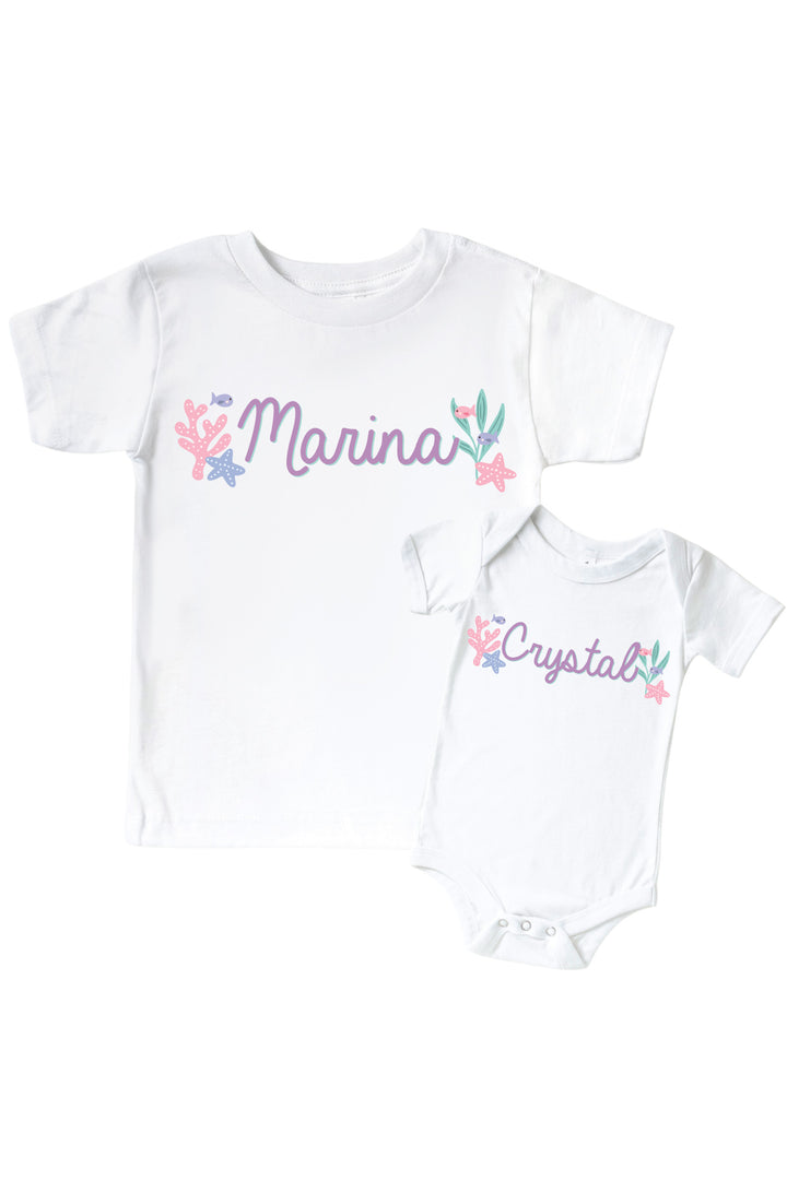 personalized let's be mermaids graphic bodysuit and kids tee in white with mermaid print