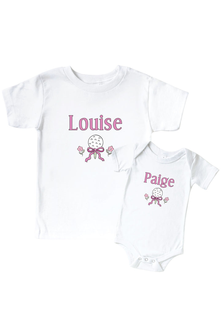 personalized golf graphic bodysuit and kids tee set in white with pink design, caddie crew collection