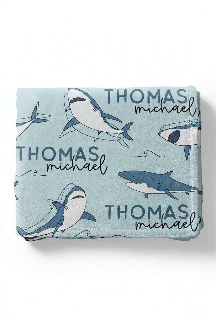 personalized shark blanket folded blue