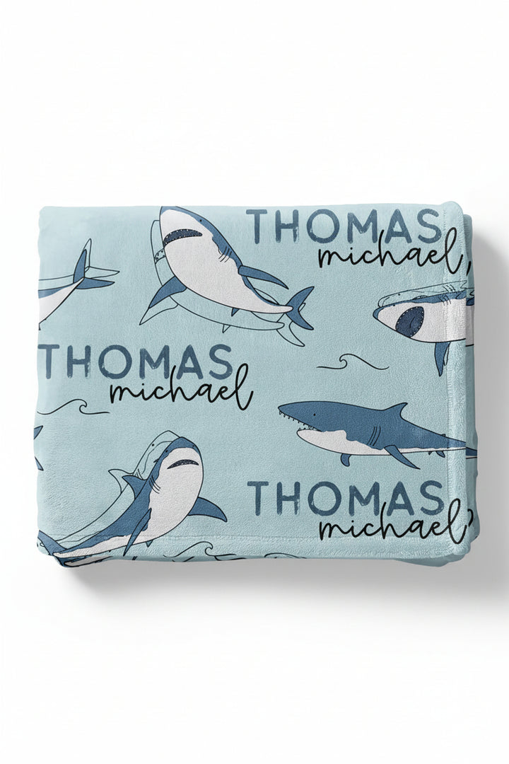 personalized shark blanket folded blue