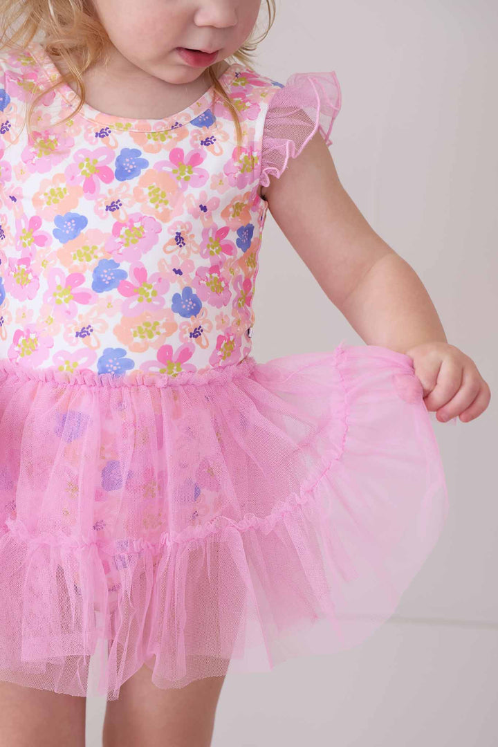 closeup of petal parade girl's leotard with tulle skirt 