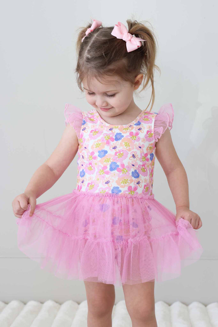 spring floral girl's leotard pink, yellow and blue