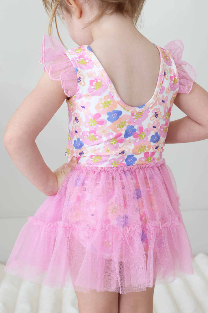 scoop back leotard for girls in petal parade print