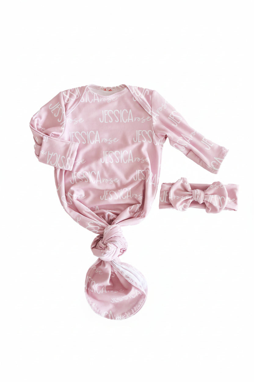 petal pink personalized knot gown and headwrap