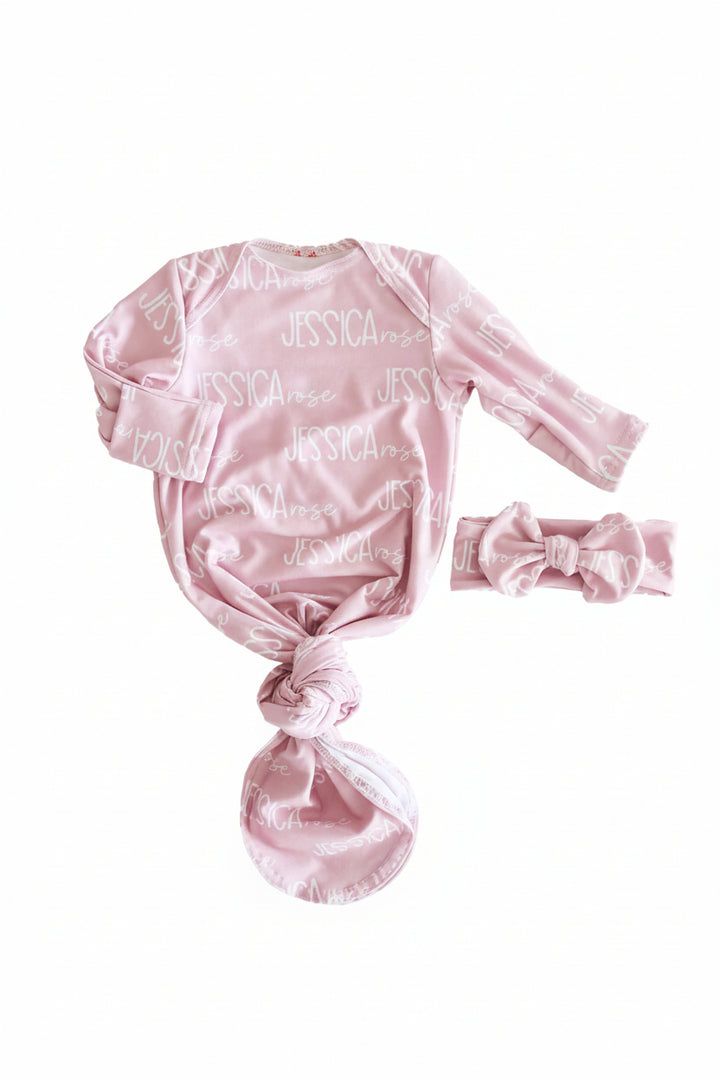 petal pink personalized knot gown and headwrap