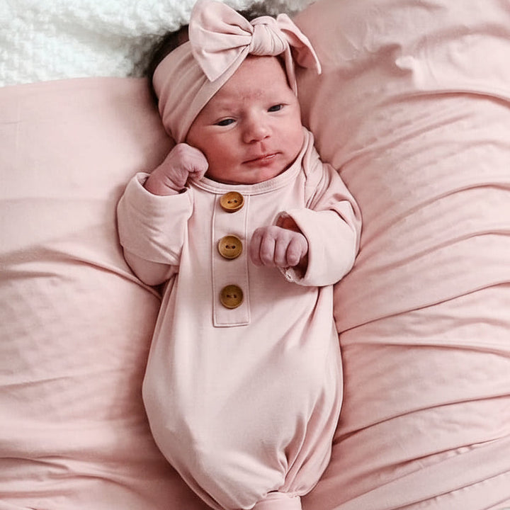 petal pink bamboo baby knot gown and hat set 