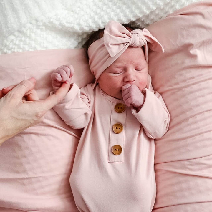 light pink bamboo knot gown and hat set