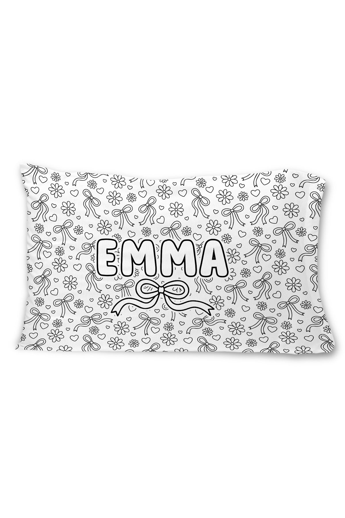 Caden Lane colorable pillowcase with the name "Emma" and a bow illustration, surrounded by an allover pattern of flowers, bows, and hearts.