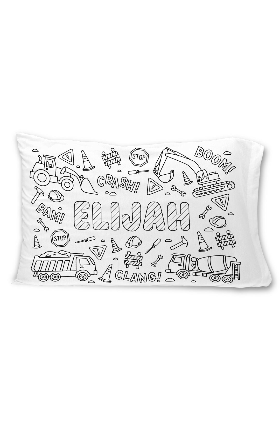 Caden Lane colorable pillowcase with the name "Elijah" surrounded by construction vehicles, tools, traffic cones, and "Crash! Bam! Boom! Clang!" sound effect text.