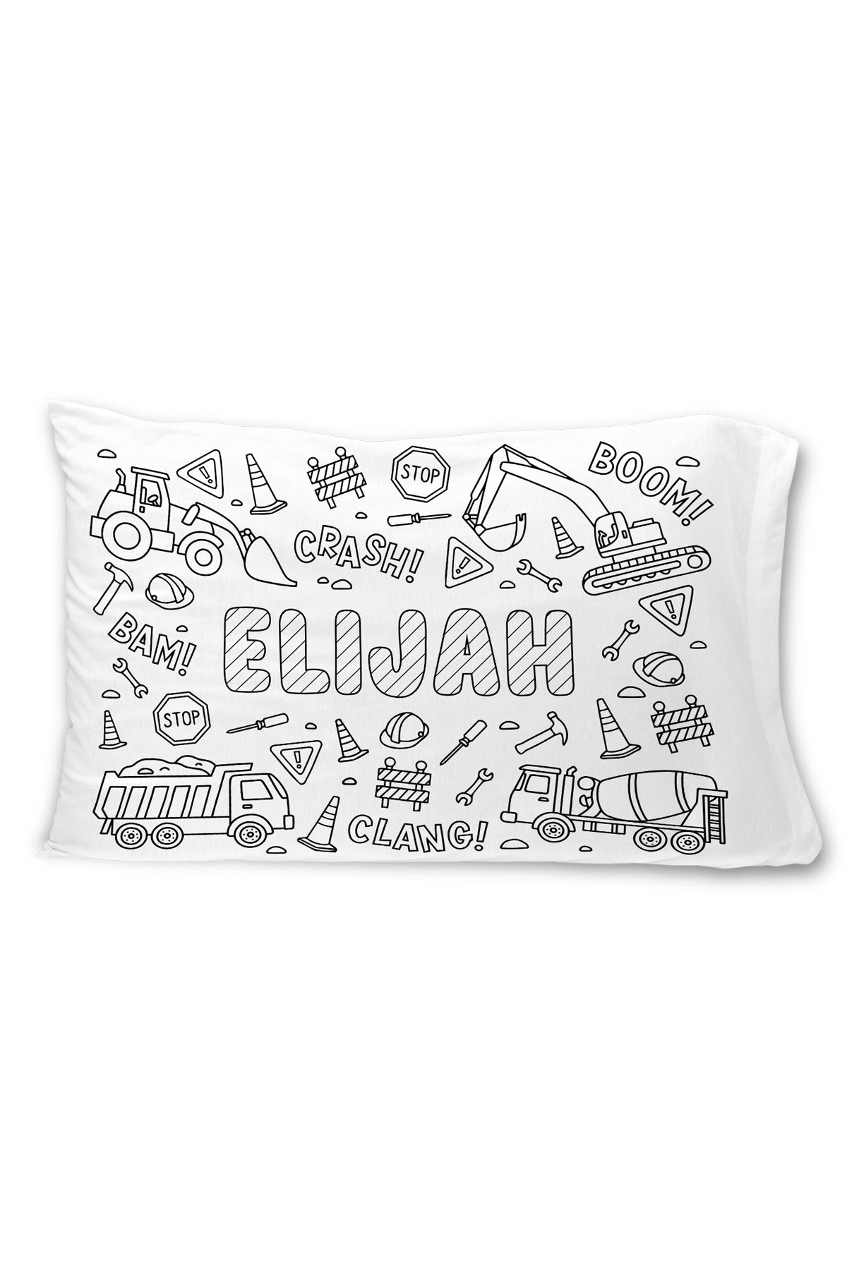 Caden Lane colorable pillowcase with the name "Elijah" surrounded by construction vehicles, tools, traffic cones, and "Crash! Bam! Boom! Clang!" sound effect text.