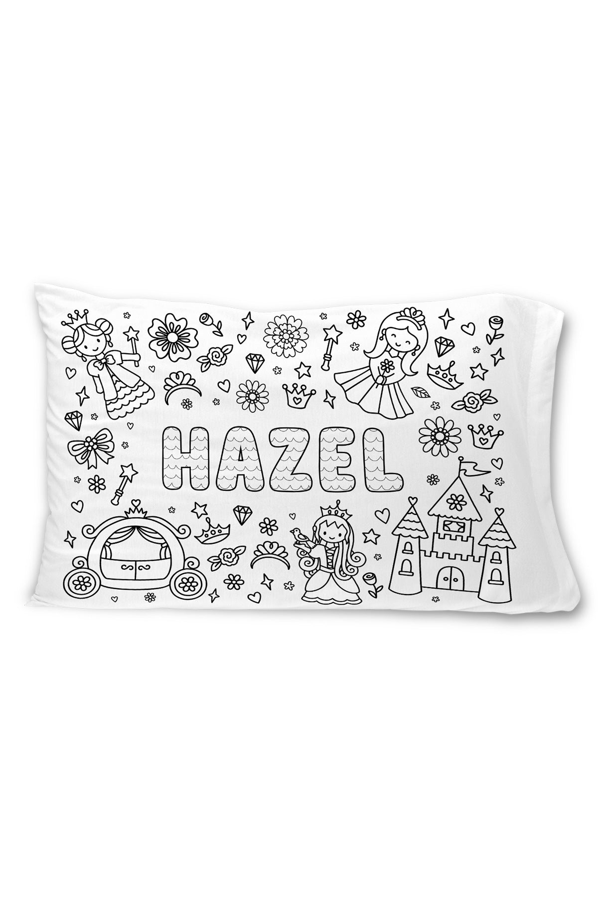 Caden Lane colorable pillowcase with the name "Hazel" surrounded by princesses, a castle, carriage, crowns, and flowers.