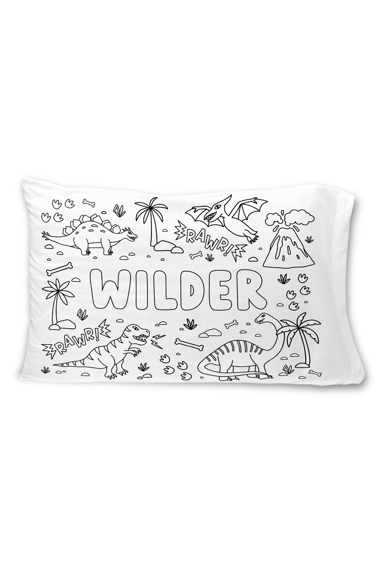 Caden Lane colorable pillowcase with the name "Wilder" surrounded by dinosaurs, a volcano, palm trees, and "Rawr!" sound effect text.