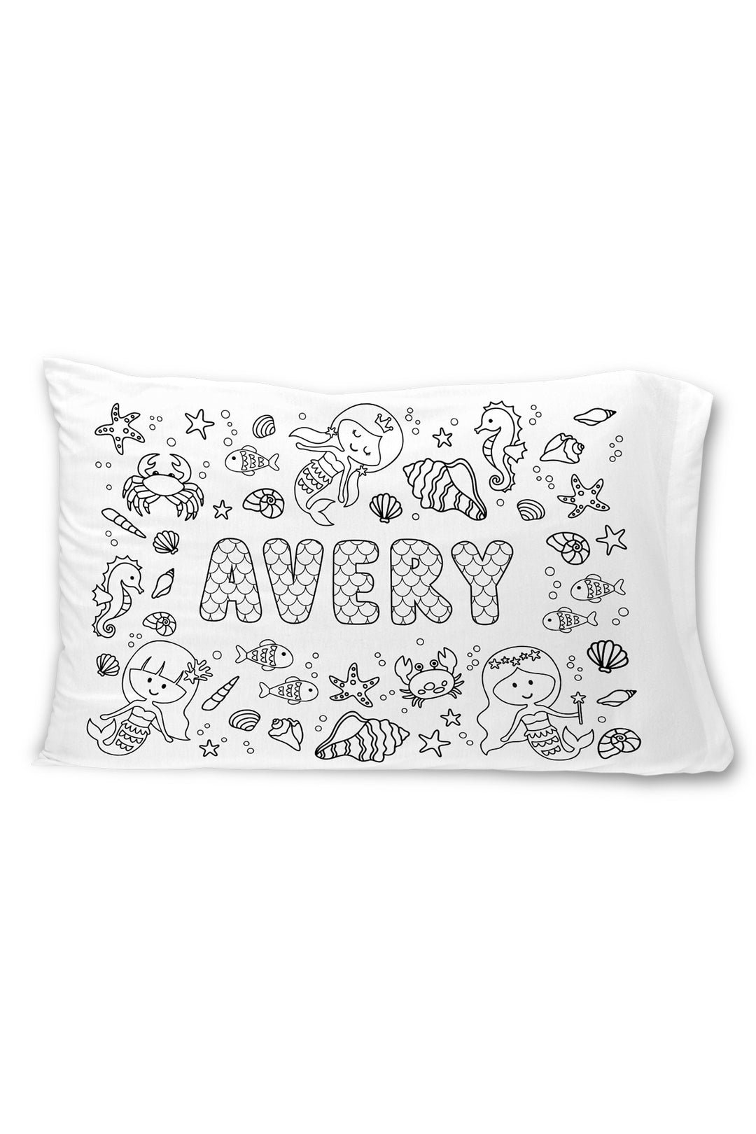 Caden Lane colorable pillowcase with the name "Avery" surrounded by mermaids, seahorses, crabs, fish, and seashells.