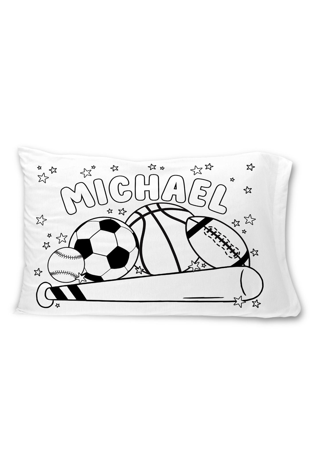 Caden Lane colorable pillowcase with the name "Michael" surrounded by a soccer ball, basketball, football, baseball, bat, and stars.