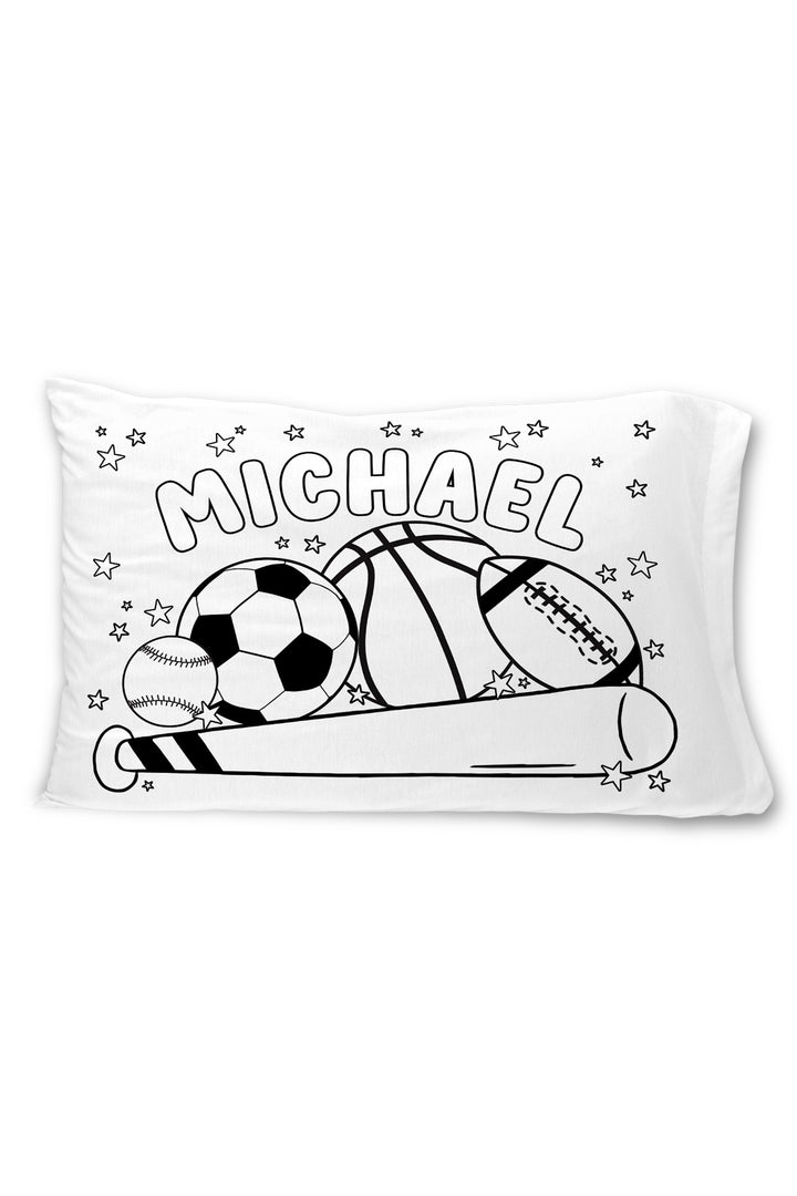 Caden Lane colorable pillowcase with the name "Michael" surrounded by a soccer ball, basketball, football, baseball, bat, and stars.