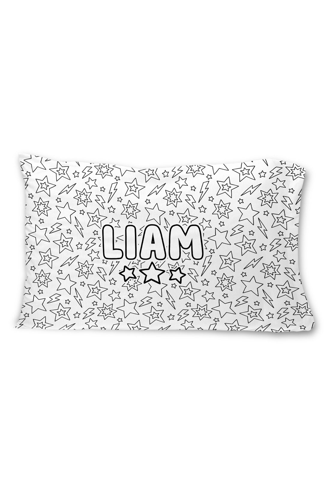 Caden Lane colorable pillowcase with the name "Liam" surrounded by a stars and lightning bolt pattern.