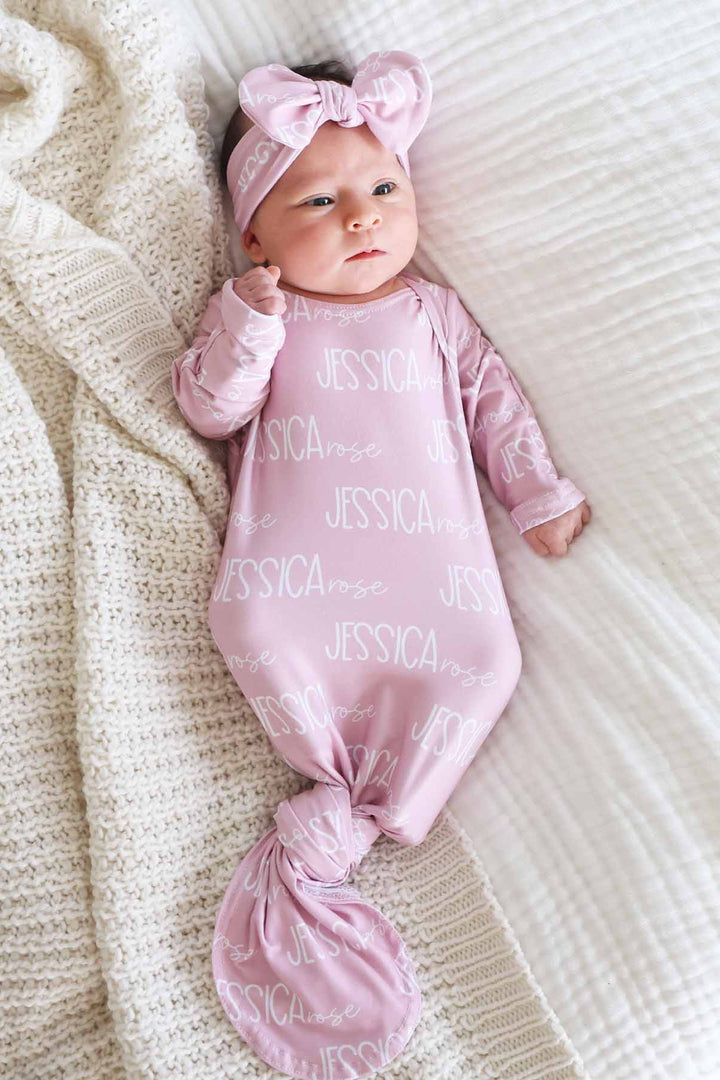 pink font duo knot gown for babies 