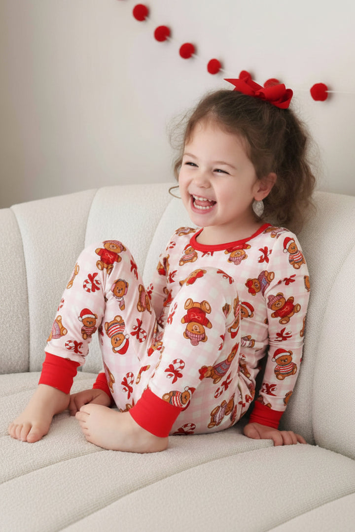 pink beary christmas two piece pajamma set 