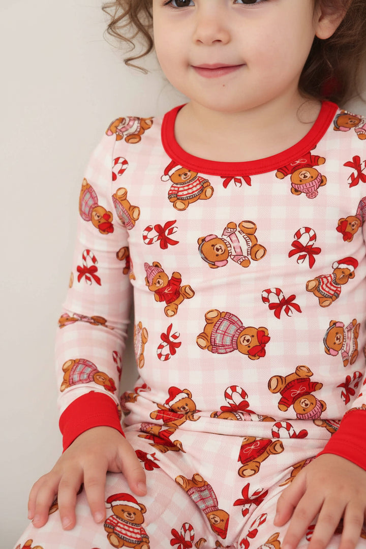 pink beary christmas two piece pajama set for girls