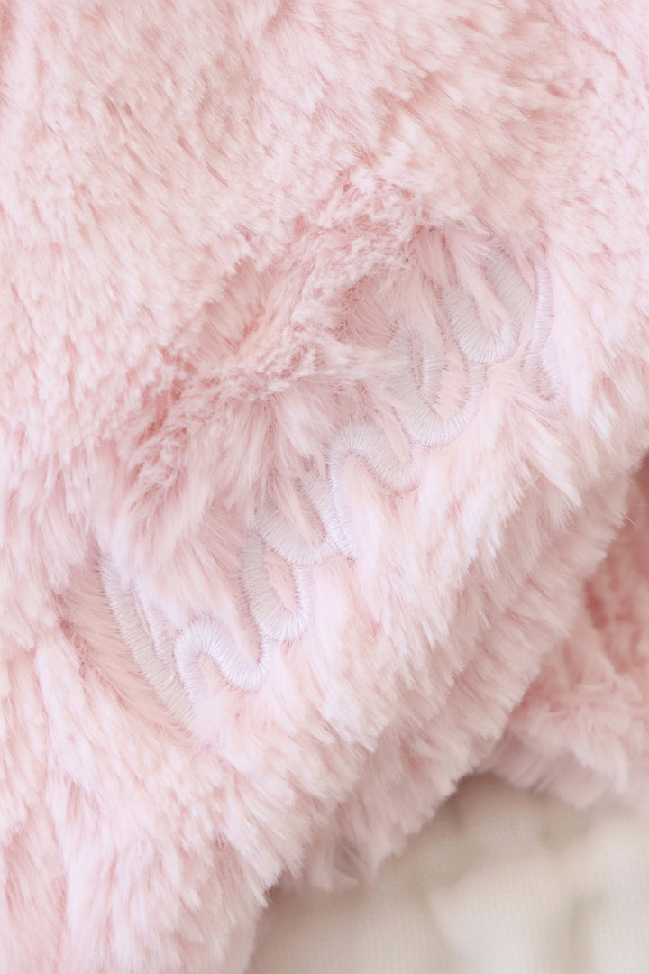 pristine pink plush bunny lovey embroidered with name in white thread 