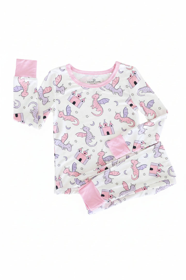 pink dragon adventure two piece pajama set for kids 