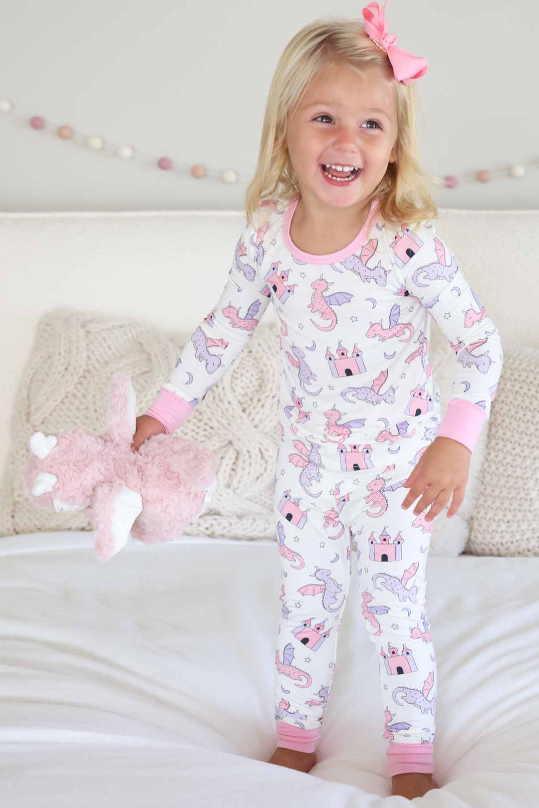 pink dragon adventure bamboo viscose long sleeve two piece pajama set for girls 