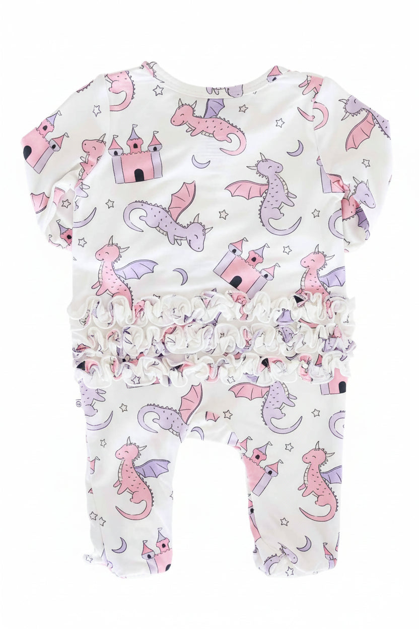 fairytale themed ruffle bottom zipper footie for baby girls with long sleeve 