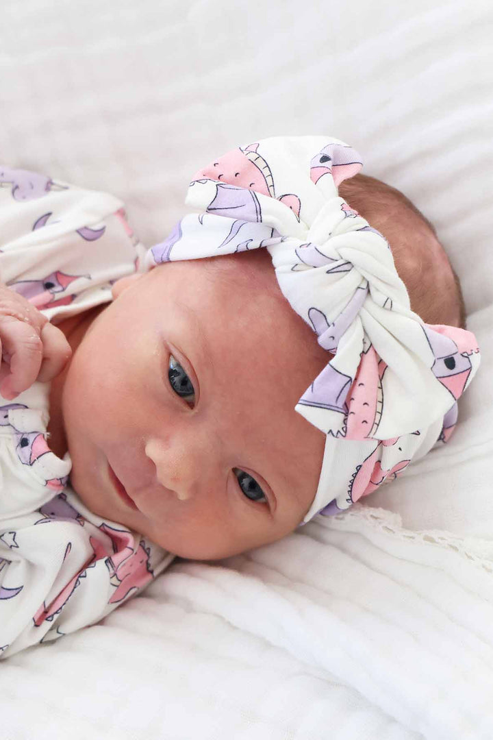 pink dragon adventure knit large bow headwrap for girls 
