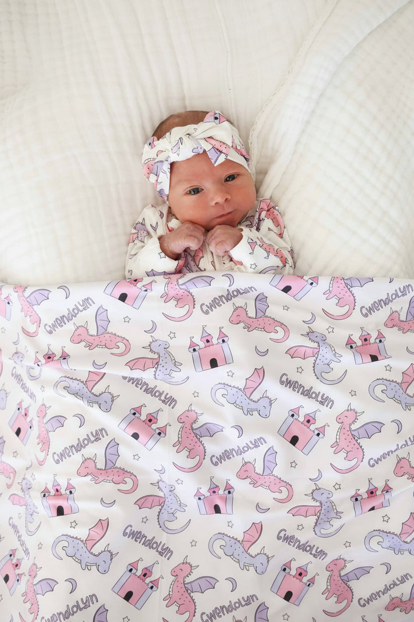 Dragon Adventure Personalized Swaddle Blanket | Pink