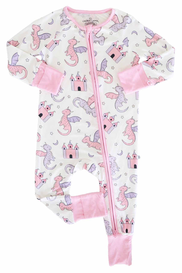 pink and purple dragon and castle bamboo viscose convertible zip romper for babies and toddlers 