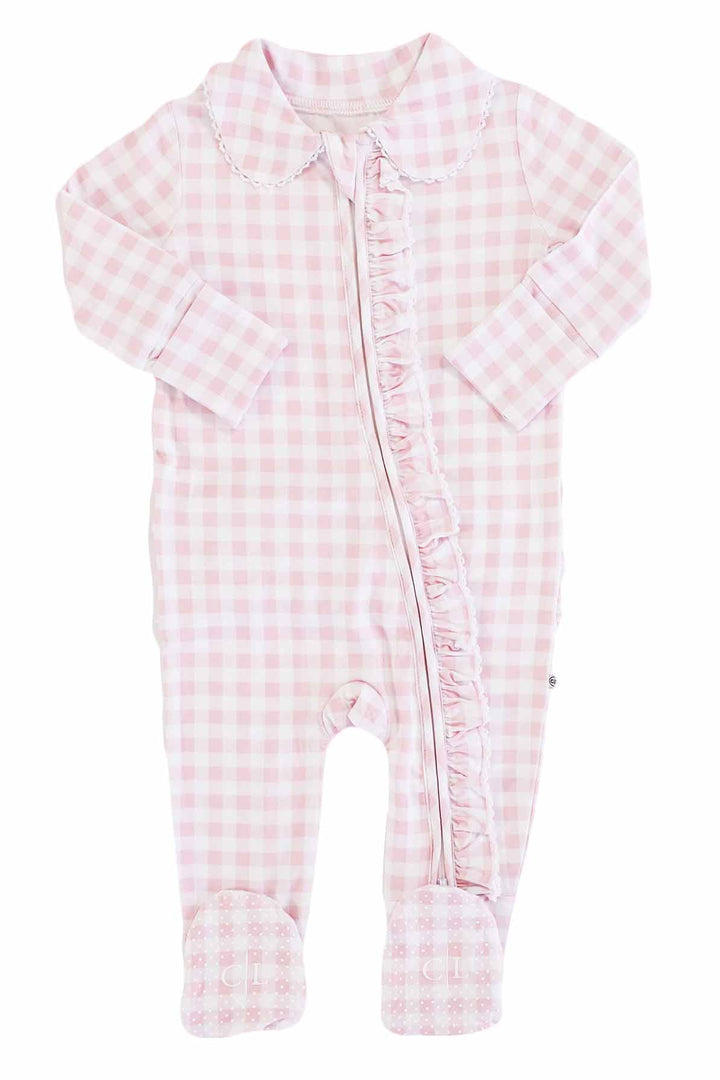 pastel pink gingham print footie pajamas for babies
