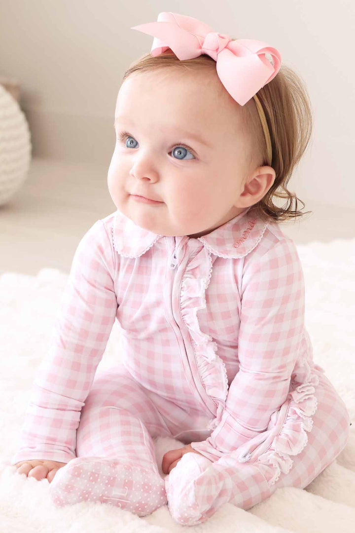pink name embroidered peter pan collar gingham print pajamas for baby girls
