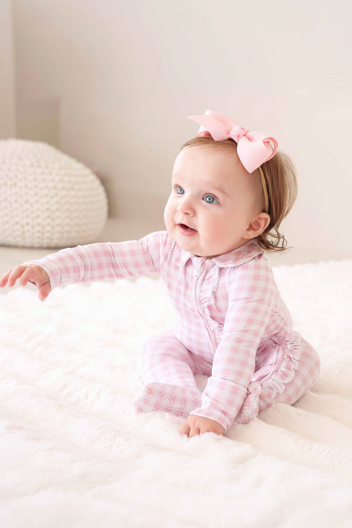 pink name embroidered peter pan collar and lace trim gingham print pajamas for baby girls