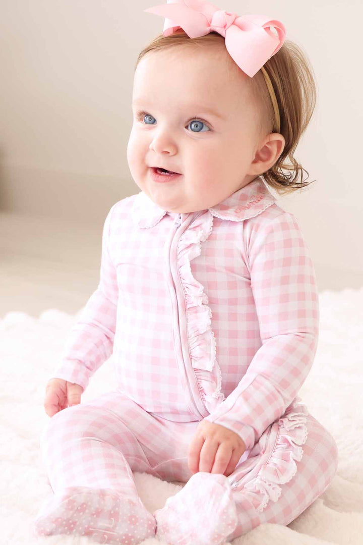 girls pink name embroidered peter pan collar gingham print pajamas