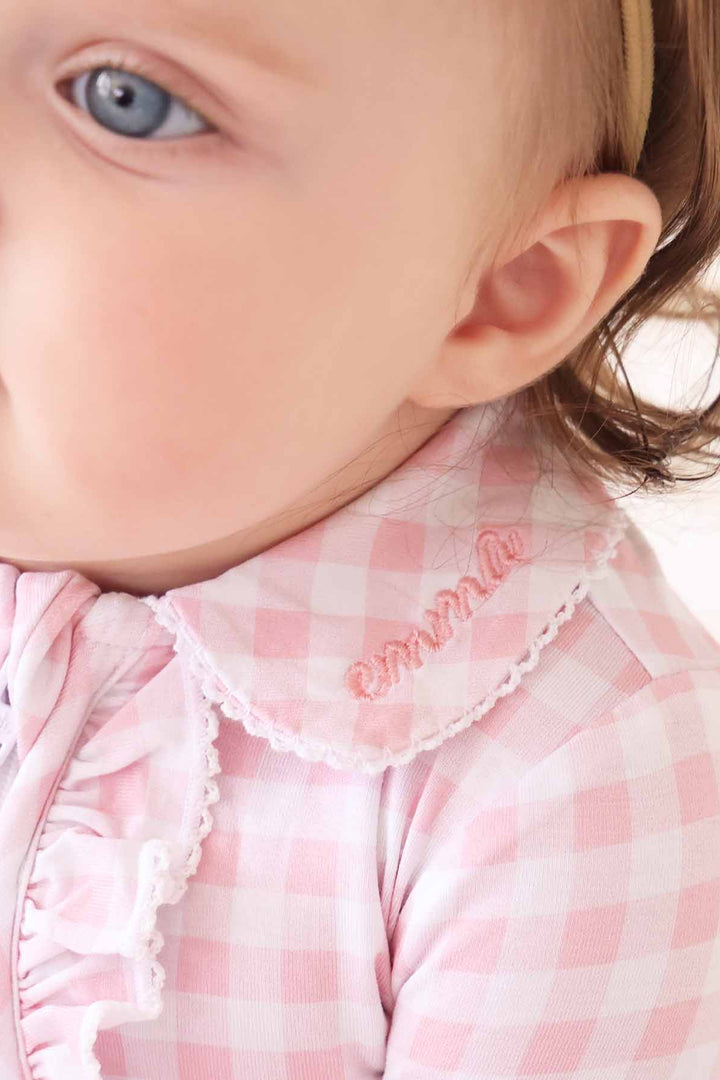 pastel pink gingham print footie pajamas with peter pan collar for girls