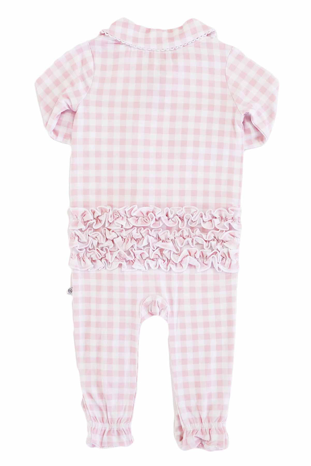 pink gingham print footie pajamas with ruffle detail for babies
