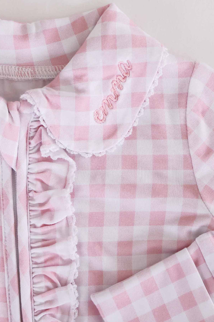 pink embroidered peter pan collar gingham print newborn pajamas