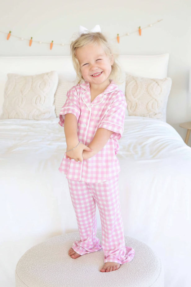 short sleeve collared gingham lounge set for girls 
