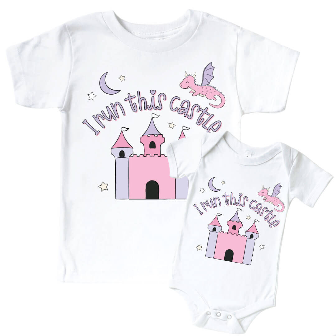I Run This Castle Pink Graphic Bodysuit & Kids Tee | White