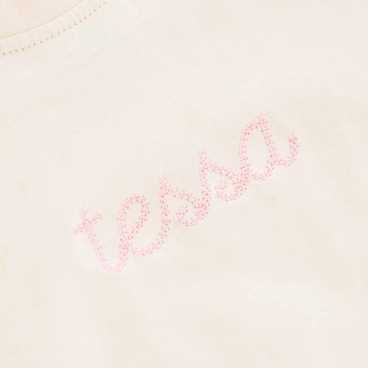 pink thread embroidered name romper long sleeve 