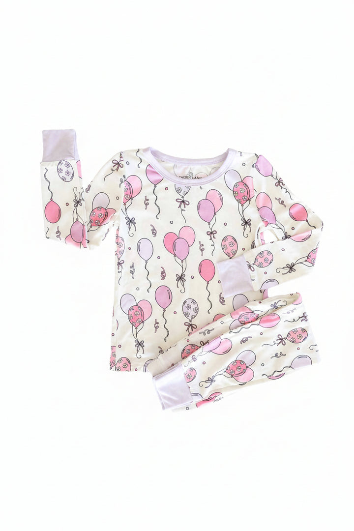 pink and purple balloon and streamer two piece bamboo pajama set for girls 