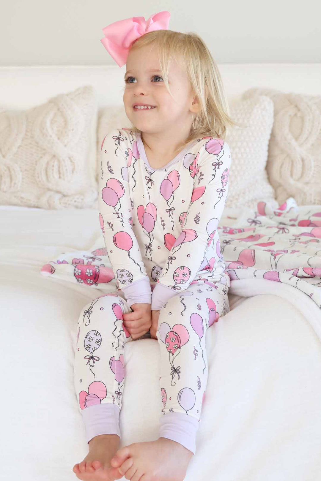 girls two piece pajama set with pink and purple balloons 