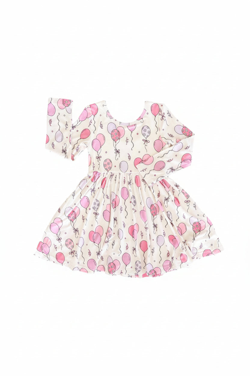 long sleeve knee length dress for girls with pink balloons 