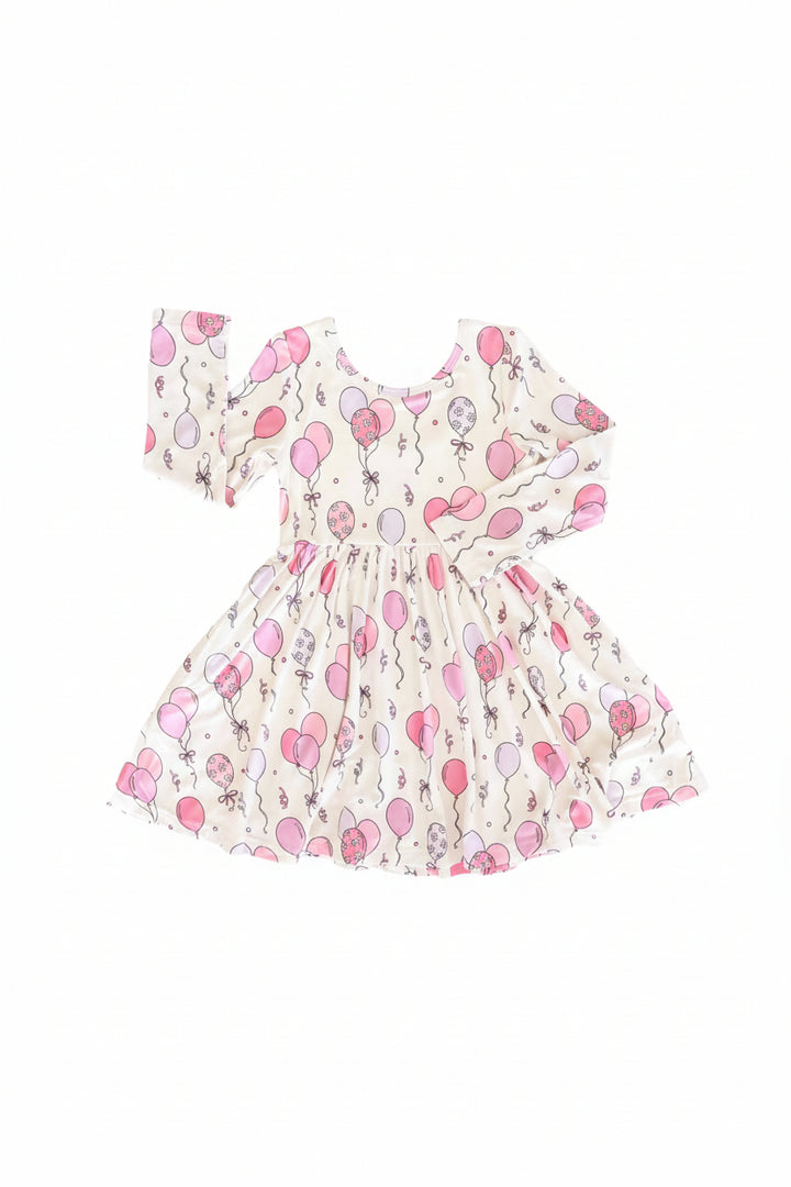 long sleeve knee length dress for girls with pink balloons 