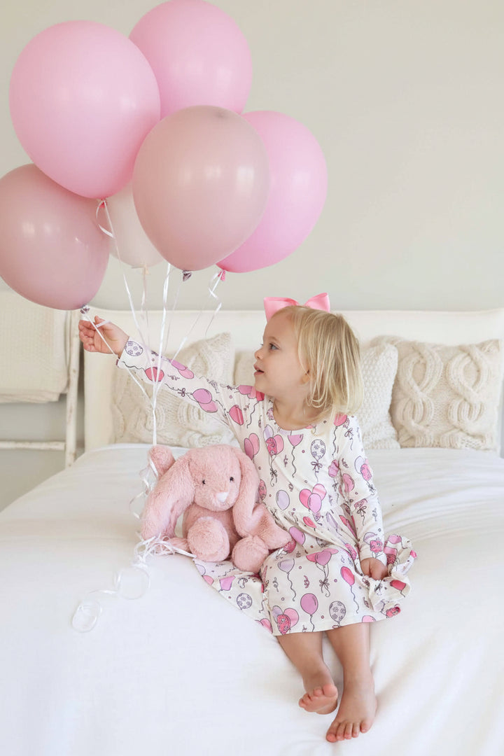pink party time long sleeve ruffle twirl dress for girls 