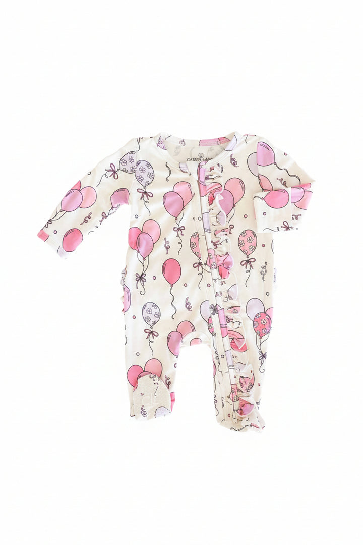 pink and purple balloon ruffle footie pajama for girls