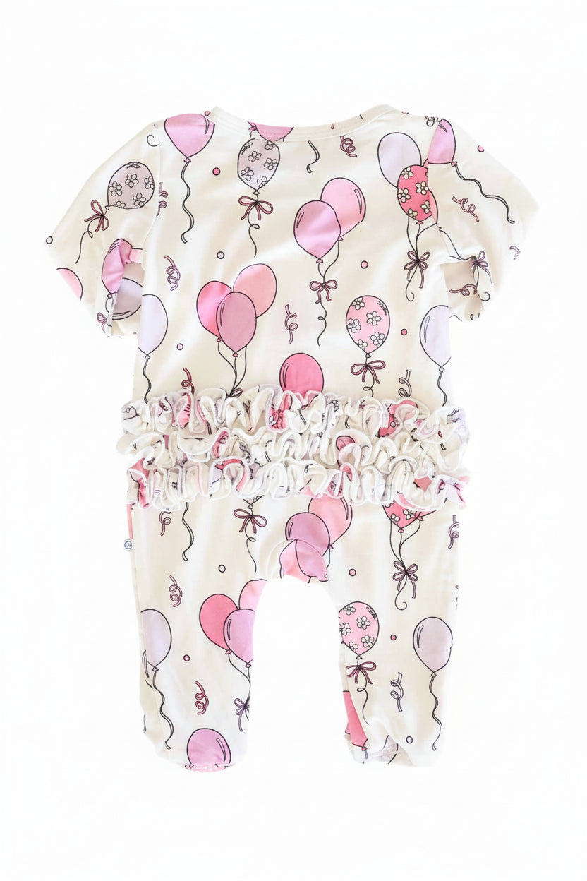 pink party time ruffle bottom zipper footie for baby girls 