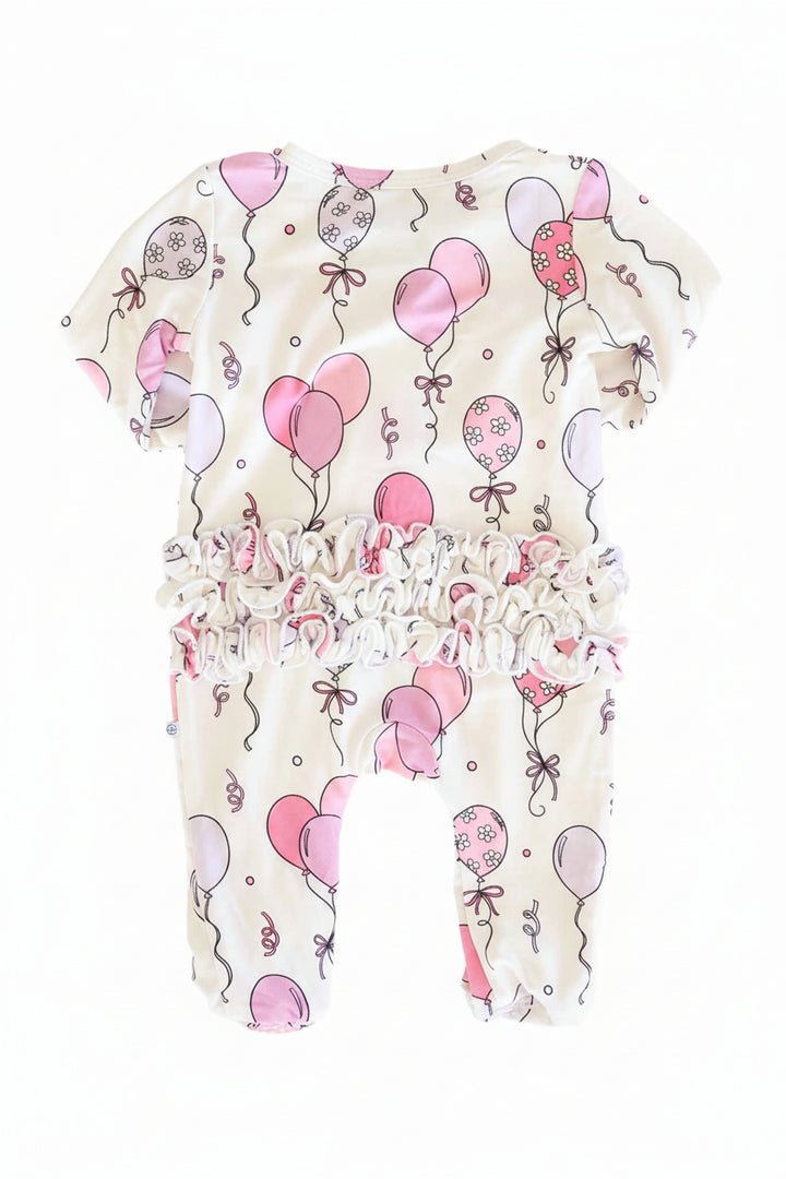 pink party time ruffle bottom zipper footie for baby girls 