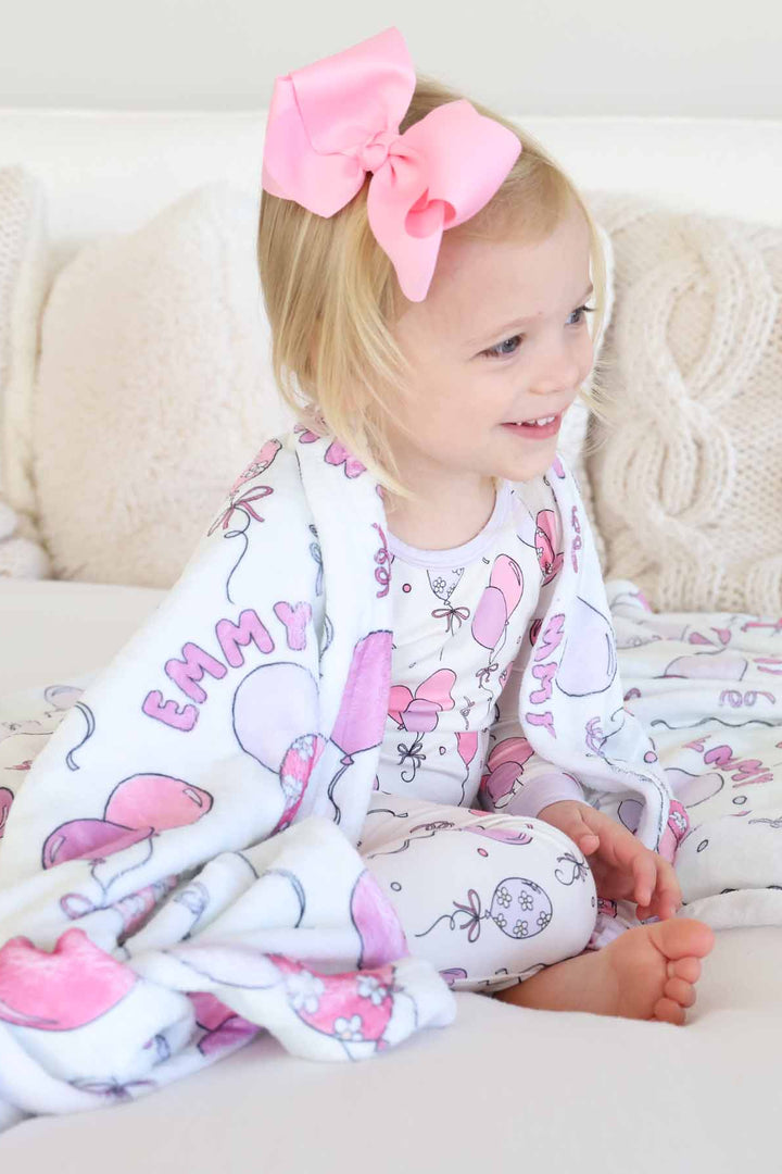 pink party time two piece pajama set with matching ribbon bow