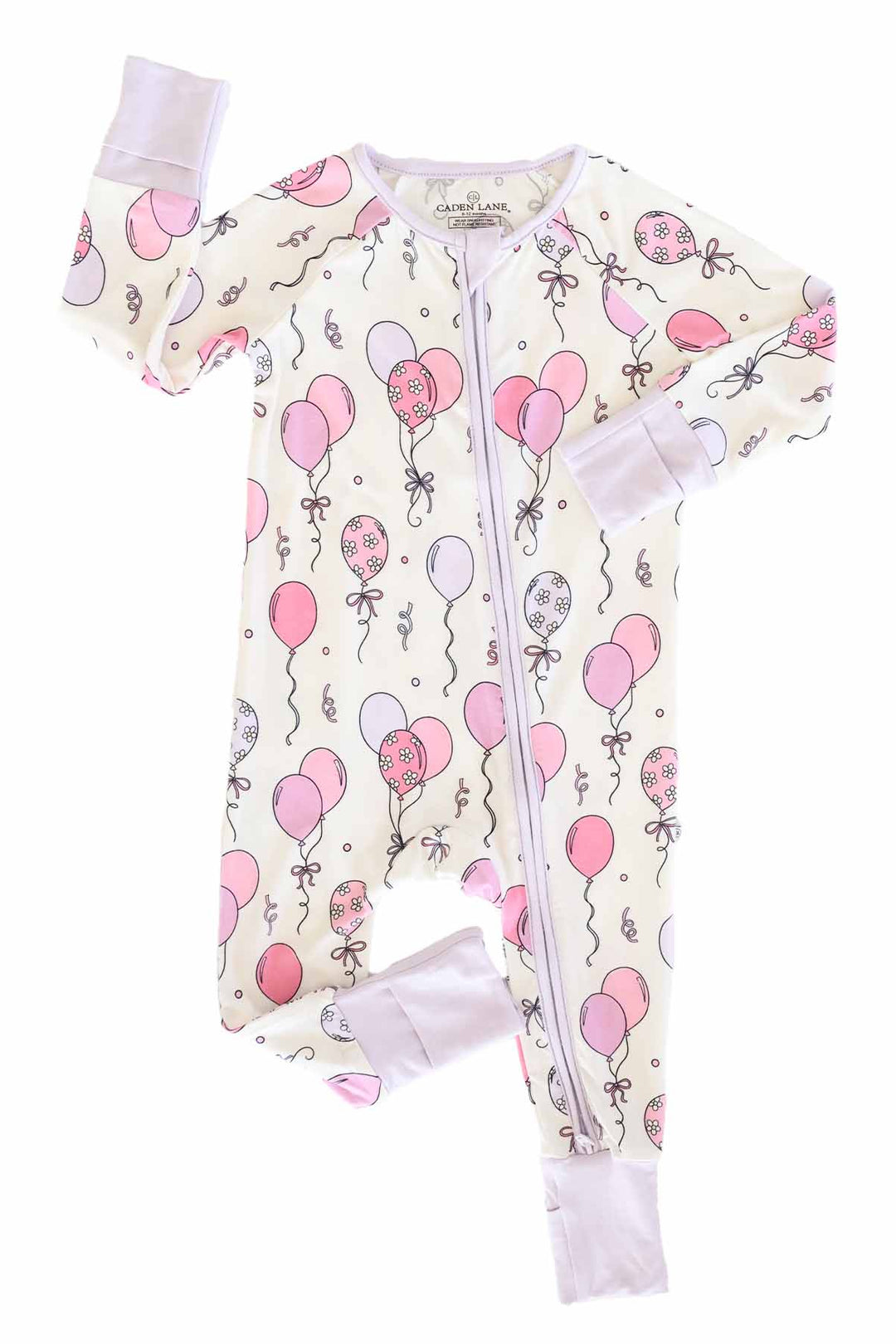 pink and purple balloon bamboo convertible zip romper for baby and toddler girls 